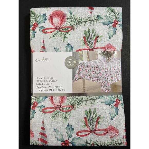 Colordrift MERRY MISTLETOE Christmas 60x104" Easy Care Tablecloth Metallic Lurex - Picture 1 of 5